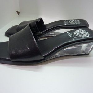 Vince Camuto Beyinds Leather Slides Sandals Acrylic Wedges Black Sz  7M Open Toe